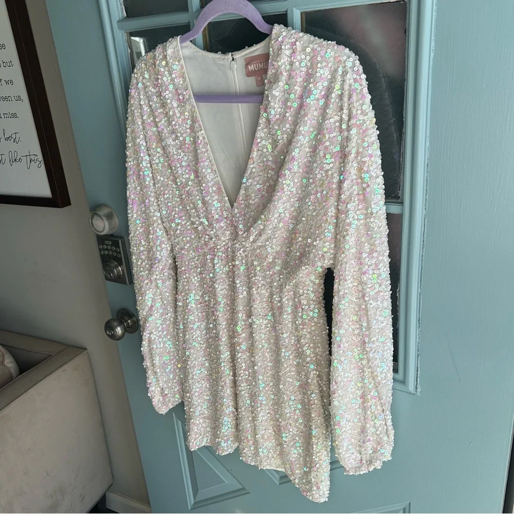 NWT Show Me Your MuMu Kidman Mini Dress Long Sleeve Iridescent Sequin White M - Picture 3 of 14